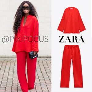 ZARA 2 PIECE FLOWY SET [ PANTS + TOP ] CO-ORD CORAL RED